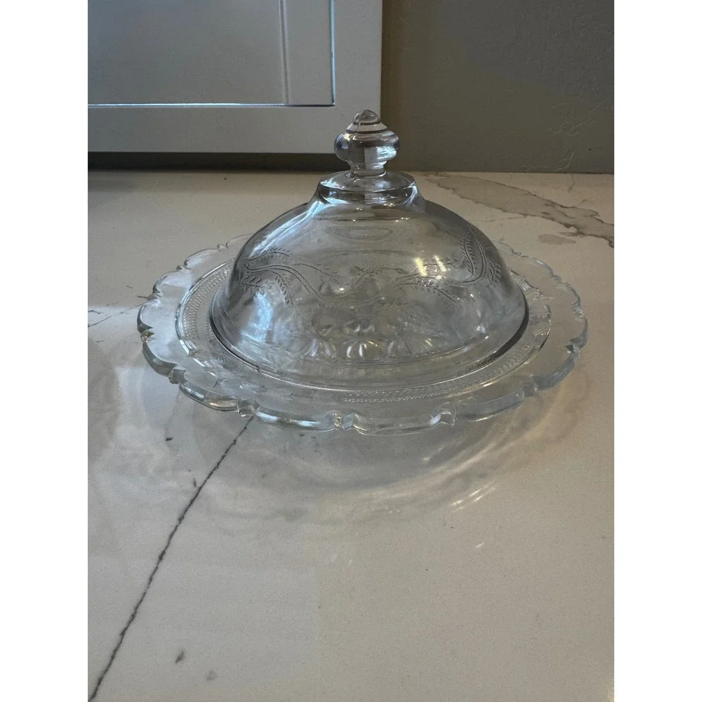 Vintage Clear Federal‎ Glass Round Butter Dish with Floral Scalloped Rim & Dome